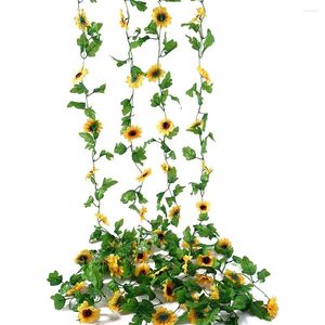 Decoración de fiestas 4 PCS Artificial Sunflower Garland Vine de seda con hojas Flores falsas de pared falsa colgante para Diy Wreath Decor