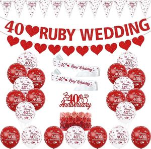 Décoration de fête 40e décorations d'anniversaire de mariage Happy Ruby Balloons Bannière Sash pour les fournitures de couple