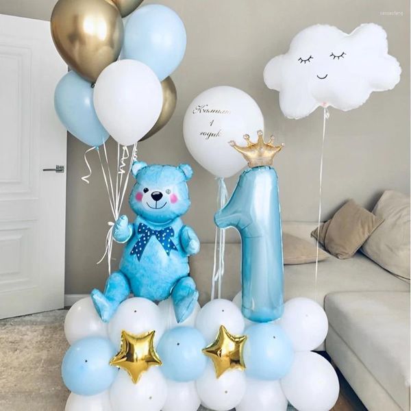 Décoration de fête 45pcs Couronne numéro 1 Ballon Blue Assemble Balloons ours Set Baby Boy 1er premier anniversaire Globos Douche Douche