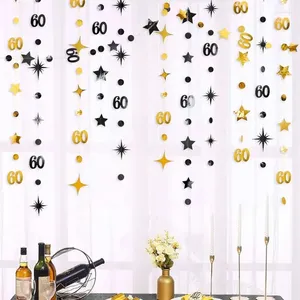 Feestdecoratie 4 stuks Zwart Goud 60e Verjaardag Decoraties 60 Cirkel Dot Twinkle Star Garland Streamer Voor Jubileumbenodigdheden