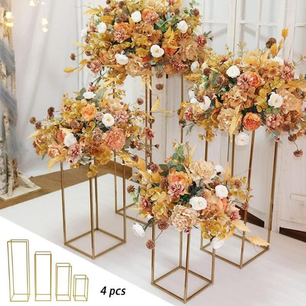 Decoración de fiesta 4 uds, jarrones de columna, centros de mesa de boda para mesas, soporte de flores de Metal, jarrón de suelo alto dorado Rectangular