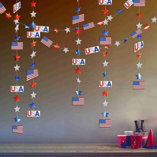 Décoration de fête 4 juillet rouge blanc bleu États-Unis fête à thème papier étoiles banderoles patriotique paillettes étoile guirlande chaîne chaîne décorations suspendues T230522