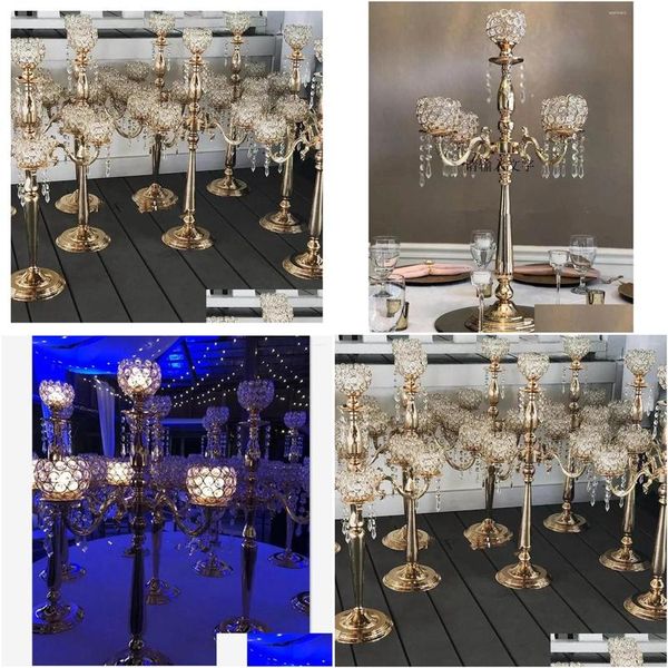 Décoration de fête 5 bras bougeoirs en or chandelier centres de mariage pour tables centre de table mariage cristal pièce maîtresse Dr Dha5N