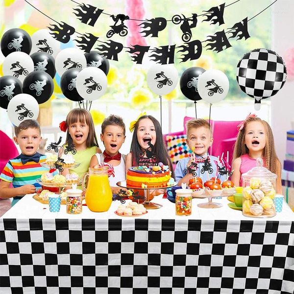 Decoración de fiesta 50 piezas Kit de decoraciones de motocicleta Favor de niños Feliz cumpleaños Banner Globos Negro Blanco Cubiertas de mesa a cuadros Suministros