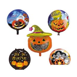 Decoración del partido 5 Unids 18 Pulgadas Feliz Halloween Redondo Naranja Calabaza Película de Aluminio Globo Negro Suministros Niños Amor Gota Entrega Hogar Dhkn8