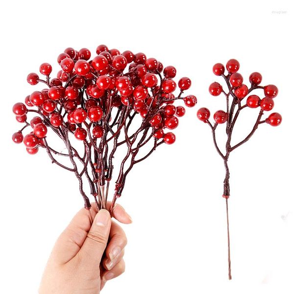 Decoración de fiesta 5 unids flor artificial Navidad bayas rojas ramas cerezo estambre árbol adornos Noel 2023 DIY decoraciones de corona