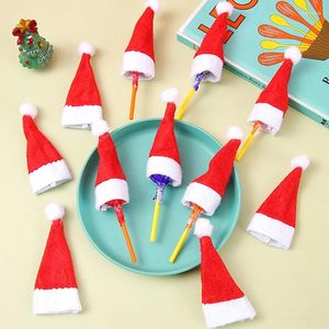 Feestdecoratie 5 stks Mini Santa hoeden Kerstwijnfleshoezen Lollipop Candy Hat Xmas Kids Geschenken Jaar Tafel Dinner Decorations