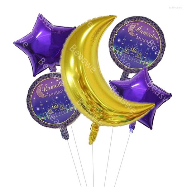 Décoration de fête 5pcs Ramadam Decor ballon Eid Mubarak Foil Round Helium Globo Muslim Islamic Supplie al-Firt Ramadan Air Ballon