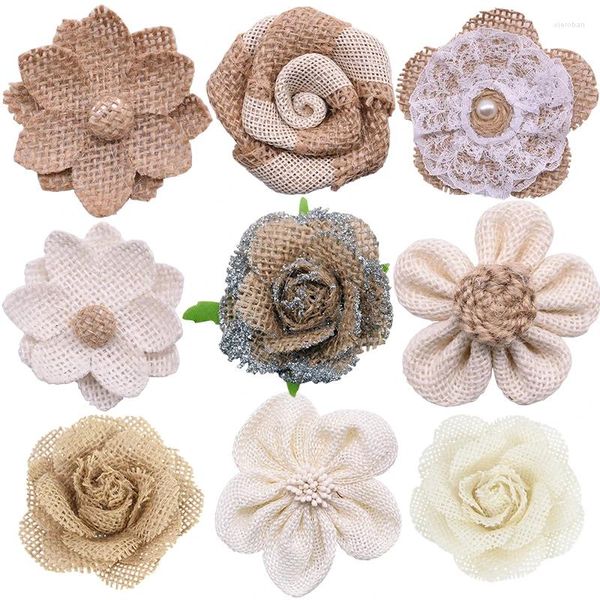 Decoración de fiesta 5 unids vintage natural yute arpillera arcos de arpillera rosa flor artificial para boda navidad bricolaje hecho a mano bowknot