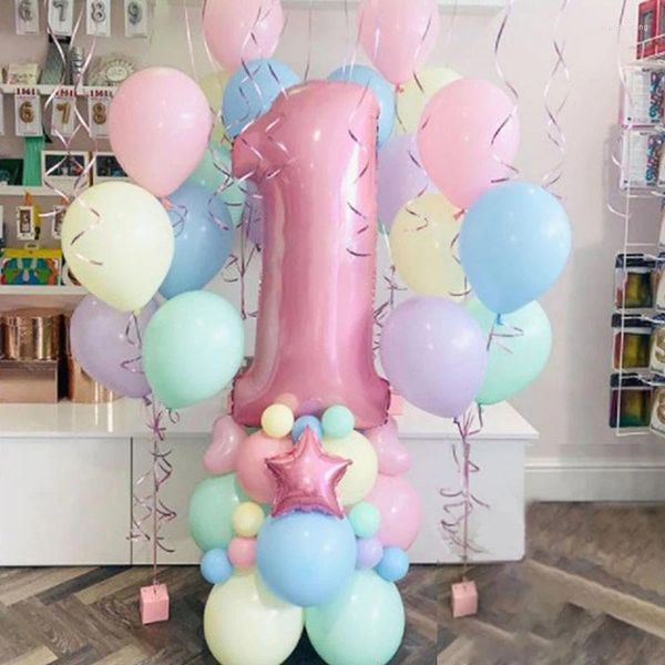 Décoration de fête 63pcs macaron latex ballon nombre rose feuille de feuille baby shower fille 1 2 3 4 5 6 7 8 9 anniversaire hélium globos