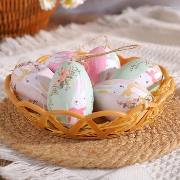 Decoración de fiesta 6 piezas de huevos de Pascua de espuma en una cesta tejida, árbol impreso, adorno colgante, suministros para manualidades DIY