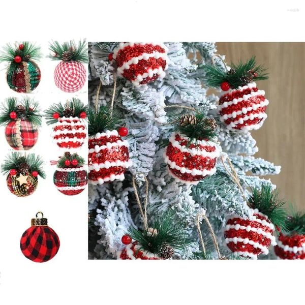 Décoration de fête 6 pièces tissu à carreaux rouge vert boule enveloppée de noël pommes de pin avec pendentifs feuilles de baies arbre de 6 cm