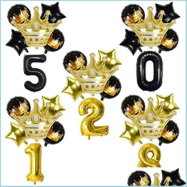 Décoration de fête 6pcs / set couronne noir or numéro feuille combinaison ballon bébé douche décorations d'anniversaire ballons à l'hélium Yydhhome Dhpg6