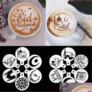 Decoración de fiesta 6 unids / set Eid Mubarak Molde de café Pastel Cupcake Plantilla Plantilla Barista Cappuccino Strew Pad Duster Spray Tool Mxhome Dh9Dr