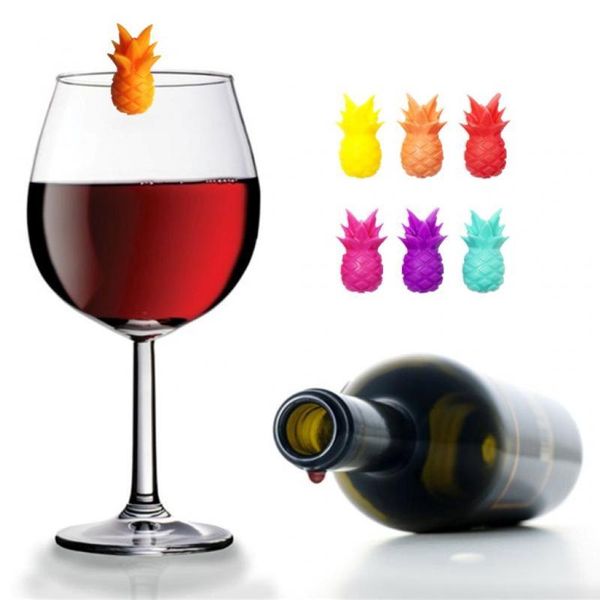 Marqueur de verre à vin rouge en Silicone, décoration de fête, 6 pièces/ensemble, breloque d'ananas, identification de tasse, étiquettes, signes pour
