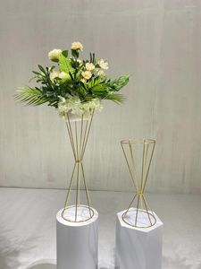 Décoration de fête 70CM / 50CM Vases à fleurs or brillant / blanc se dresse métal route plomb mariage pièce maîtresse fleurs support pour événement Decorat
