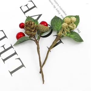 Party Decoratie 7 % Merry Christmas Picks Snowy Fake Pine Red Berry PineCones stengels takken Holly voor krans Craft Diy