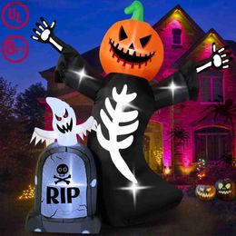Feestdecoratie 8Ft Halloween opblaasbaar gigantisch skelet met pompoen Ghost grafsteen opblaastuindecoratie met LED-verlichting voor tuinspeelgoed T230926