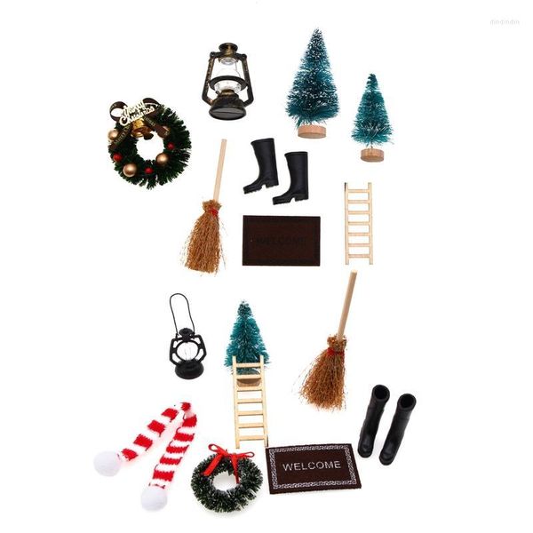 Décoration de fête 8pcs / ensemble 1/12 Dollhouse Christmas Boots Tree Tapis Broom Broom ACCESSOIRES MINI MINI FAIRY GARDING Decorparty