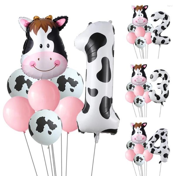 Décoration de fête 8 pièces ballons roses imprimés de vache occidentale avec 40 pouces 1-9 feuille numéro filles anniversaire Cowboy bébé ferme thème