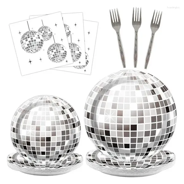 Décoration de fête 96pcs 70S Ensemble de vaisselle décorative avec serviettes Disco Ball Dingers Forparty Ornement Forks pour les gâteaux pour les gâteaux