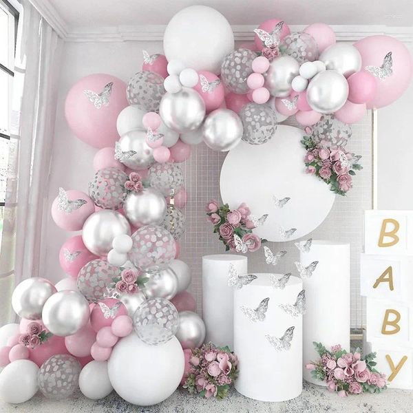 Décoration de fête 98pcs Balon de papillon argenté rose Garland Arch Kit d'anniversaire pour enfants Décor de mariage Baby Shower Girl Latex Baloon