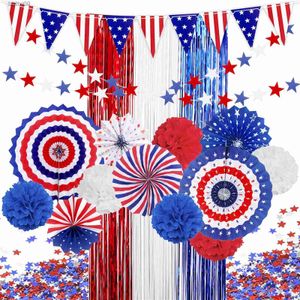 Décoration de fête Drapeau américain Fans de papier Décoration patriotique Set Star Pull Flower Rideau pour le 4 juillet American National Day Party Decor T230522