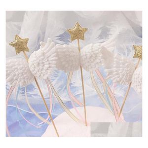 Party Decoration Angel Wings Satin Tassel Cupcake Toppers - Elegant Baby Shower Cake Decor met Little Star Design in White Pink Blu Dhyfx