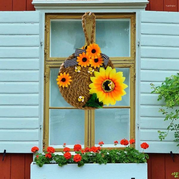 Couronne de tournesol artificielle avec lanière, décoration de fête, Design rond en nid d'abeille, ornement de porte de jour d'abeille, fleur de pivoine jaune