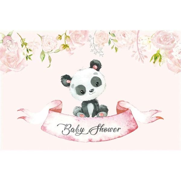 Décoration de fête Baby Shower Toile de fond Dessin animé Panda Fleur Rose clair Pographie Fond Né Anniversaire Décor Po Booth Studio Prop