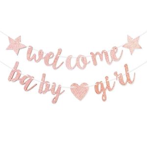 Feestdecoratie baby shower banner roze vijfpuntige sterren liefde welkom meisje glittergarland