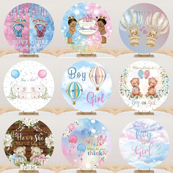 Decoración de fiesta Baby Shower poliéster Circular género revelar cumpleaños de niños fondo personalizado suministros Festa telón de fondo pared