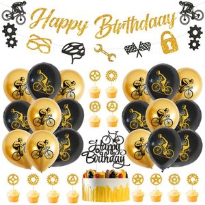 Feestdecoratie fiets fiets thema verjaardagsdecoraties benodigdheden goud zwarte latex ballonnen banner cake cupcake toppers setparty