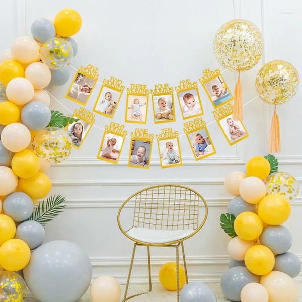 Decoración de fiestas Cumpleaños Baby Po Banner 1-12 meses Bunting Kiding Kid Girl Girl First 1st Anniversary Favors Garland de papel