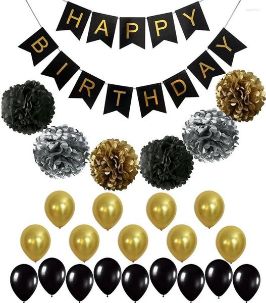 Décoration de fête noir or gris joyeux anniversaire bannière Pom fleur Ballons décor