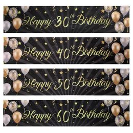 Décoration de fête, bannière de joyeux anniversaire en or noir, guirlande de banderoles de 30e, 40e, 50e, drapeaux de ballons, arrière-plan d'anniversaire