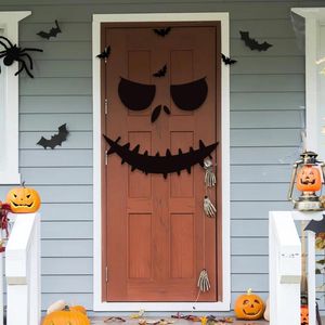 Décoration de fête noir Halloween squelette main citrouille porte autocollant fantôme Festival décor cicatrice bouche mur heureux