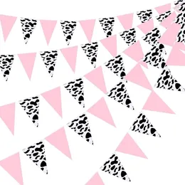 Décoration de fête Motif de vache blanc noir Papier rose Triangle Fanion Bannières Drapeau d'anniversaire pour Cowboy Baby Shower Décorations d'animaux