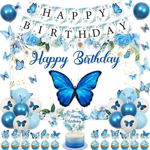 Décoration de fête Blue papillon joyeux anniversaire décor décor de fond ballons gâteau toppers mural autocollants pour fille