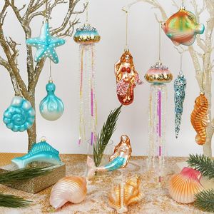 Décoration de fête ornements en verre bleu décorations d'arbre de Noël pour la maison intérieur océan série animale décor de vacances de Noël 2023 nouveautés