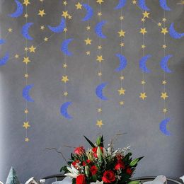 Decoración de fiesta Azul Oro EID Mubarak Cumpleaños Ramadán Glitter Papel Estrella Luna Guirnalda Banner Colgante Twinkle Baby Shower Decoración