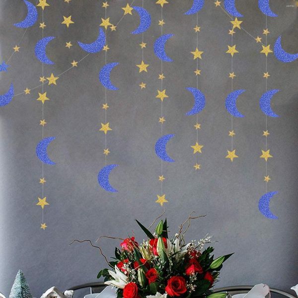 Decoración de fiesta Azul Oro EID Mubarak Cumpleaños Ramadán Glitter Papel Estrella Luna Guirnalda Banner Colgante Twinkle Baby Shower Decoración