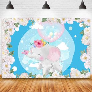 Decoración de fiesta nacido Baby Shower pografía telón de fondo lindo elefante niña 1er cumpleaños marco Floral Po fondos personalizados