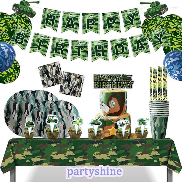 Décoration de fête, fournitures de thème militaire de Camouflage, vaisselle de bannière, assiette à dîner verte de l'armée pour anniversaire de guerre