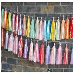 Decoración de fiestas Candy Iridescent Tassel Garland Rainbow Banner Bunting Beding Baby Shower Diy Decoración colgante Colorf 18 Coloros DHBVF