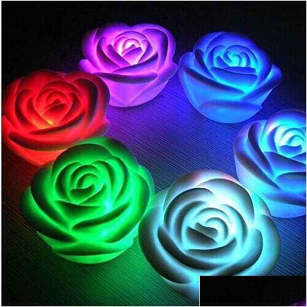 Decoración de fiesta Color cambiable LED Flor de rosa Luces de vela Sin humo Rosas sin llama Lámpara de amor Iluminar batería Mesa Regalo para el hogar HHH1Y