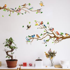 Decoración del partido Estilo chino Etiqueta engomada del pájaro de la vendimia Sala de estar Sofá Decoración de la pared Pegatinas Arte mural 3D Rama de árbol Hojas verdes Stikers 230510