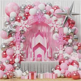 Décoration de fête Christma Pink Winter Wonderland Balloon Garland Arch Kit Chrome Silver White pour fille Princess Birthday Decor
