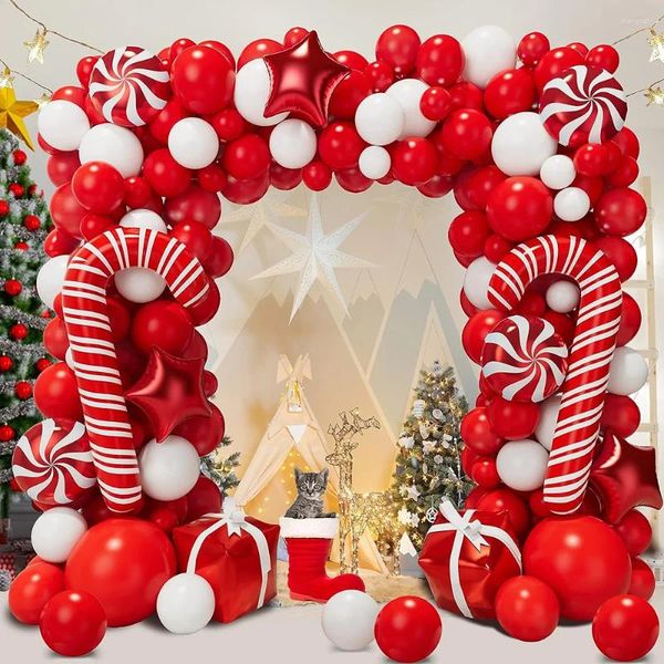 Décoration de fête Ballons de Noël Guirlande Arc Kit Rouge Blanc Ballon En Latex Bonbons Canne Étoiles Boîtes Feuille Globos Année