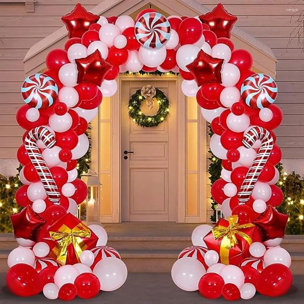 Party Decoration Christmas Ball Garland Arch Kit Red White Balloon Boîtes-cadeaux Candy Cane Cane Star Foil Globos Année